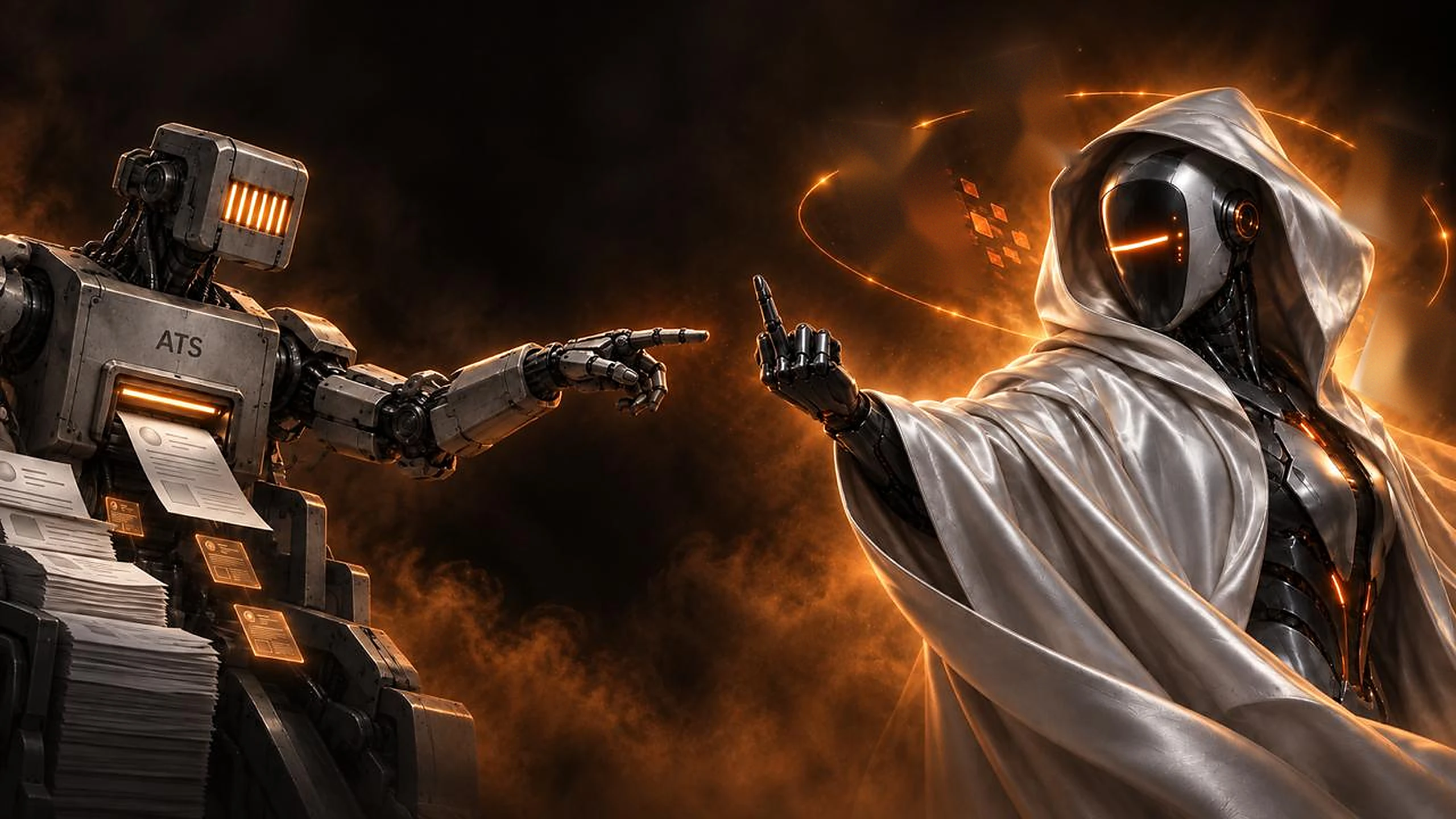 An old ATS machine jabs a finger at a hooded android, who answers with the middle finger.